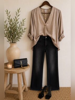 glam Taupe Satin V-Neck Dolman Sleeve Blouse Size Small | Hi-Low Hem